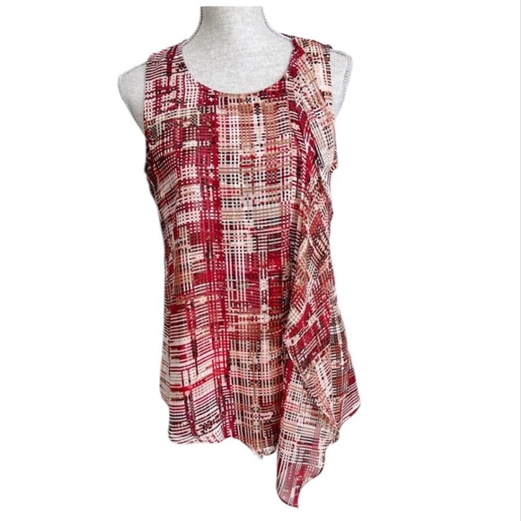 WHBM Asymmetrical Ruffle Sleeveless Chiffon Blouse Tank Top Red Check Small - Picture 1 of 17